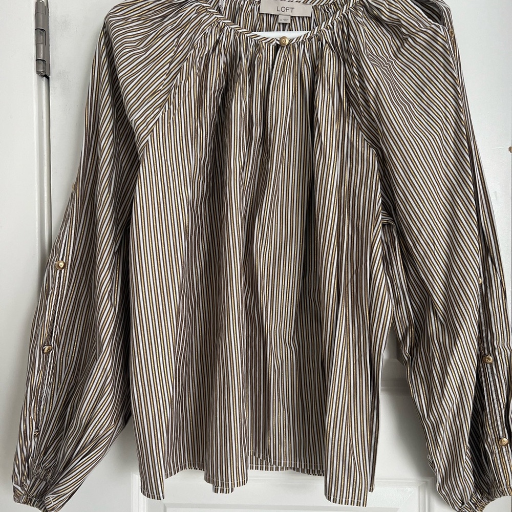 LOFT Women's Blouse - Brown and White and Gold shimmer Stripes